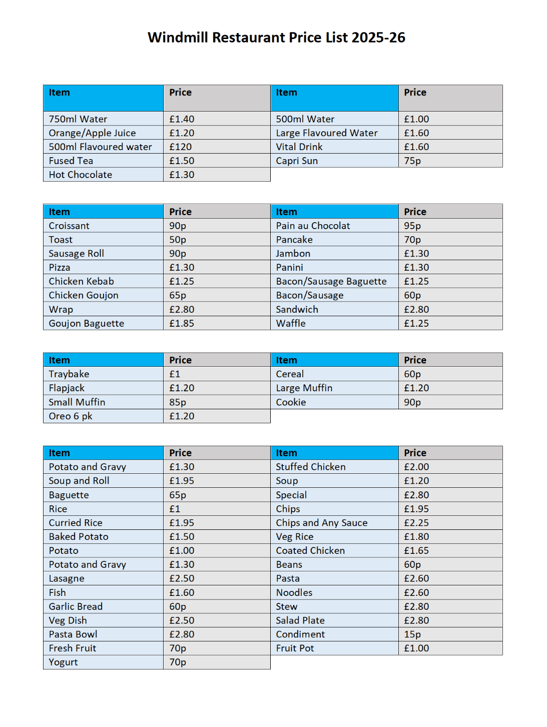 Windmill restaurant price list